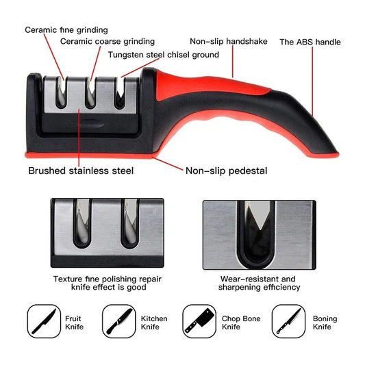 3-Stage Knife Sharpener with Anti-Slip Base – Quick Manual Sharpening Tool for Kitchen Knives