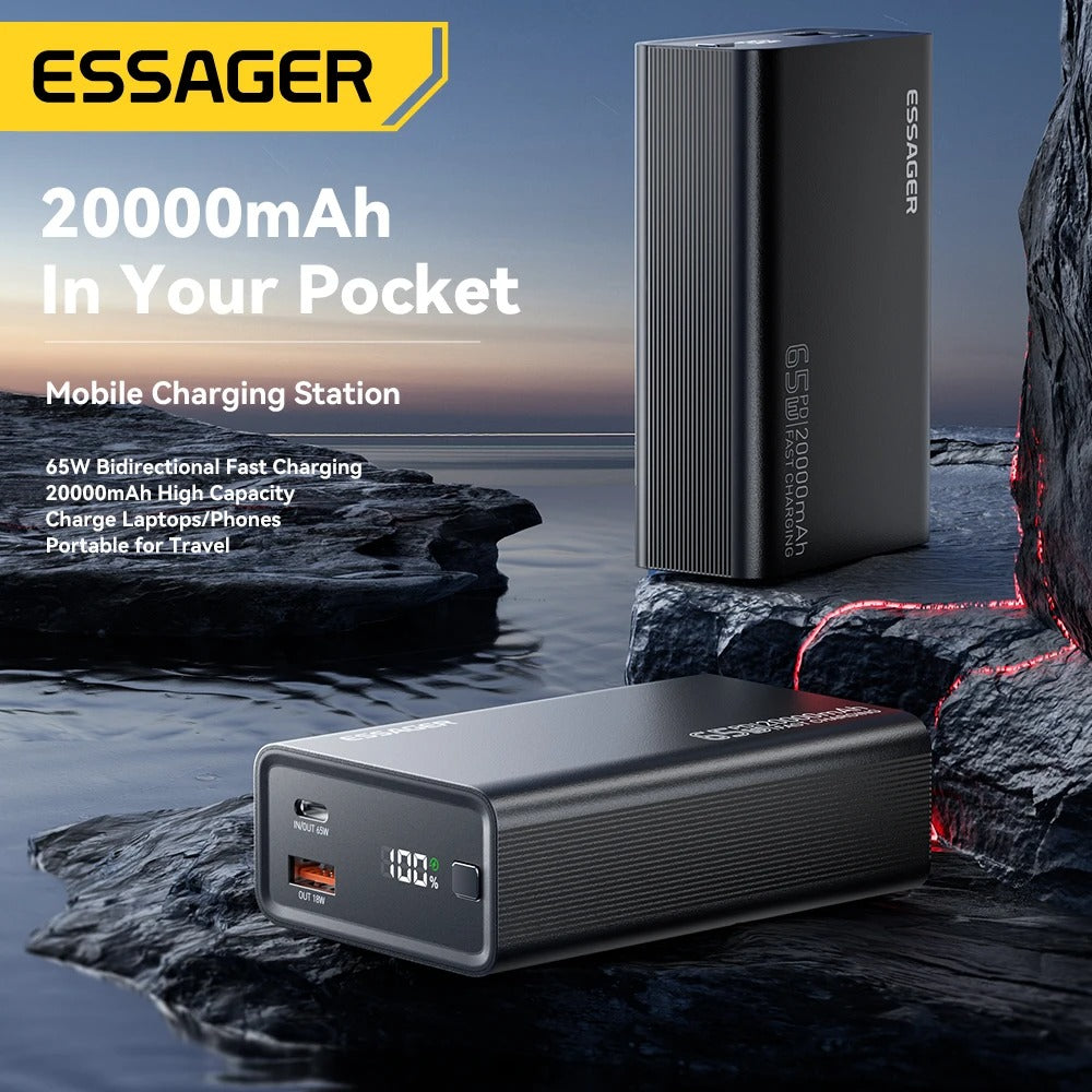 Essager 20,000mAh Power Bank — 65W PD Fast Charge for Phones & Laptops