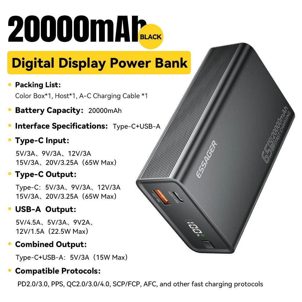 Essager 20,000mAh Power Bank — 65W PD Fast Charge for Phones & Laptops